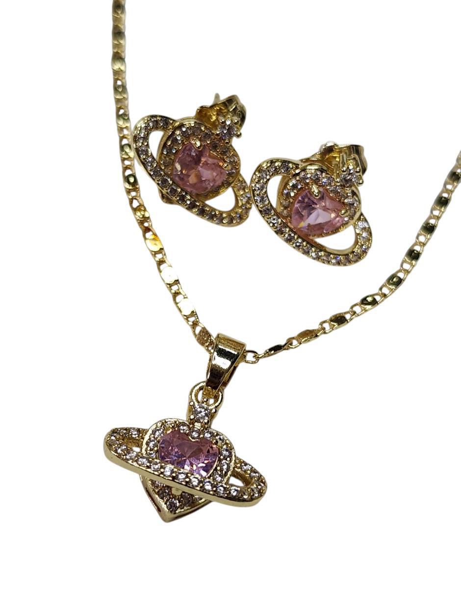 Aretes y collar de corazón Saturno zirconia 5