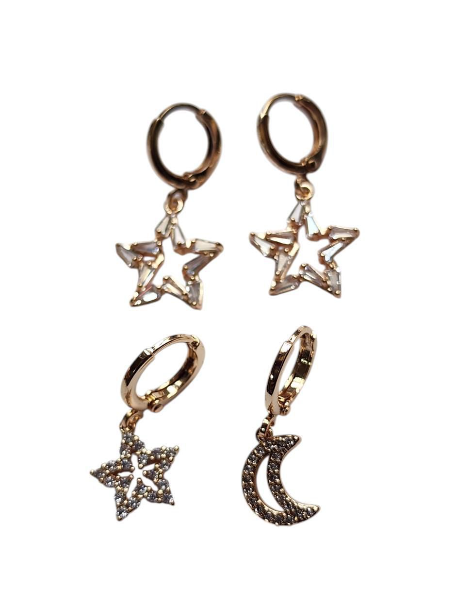 Huggies de estrella Lunas 14 K con acabado brillante zirconia Huggies de estrella Lunas 14 K con acabado brillante zirconia