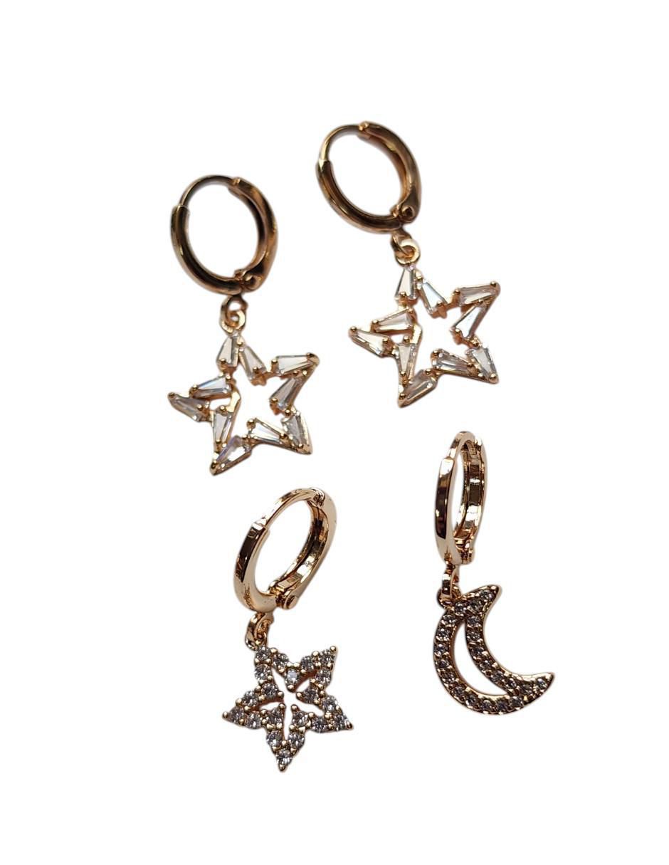 Huggies de estrella Lunas 14 K con acabado brillante zirconia 3