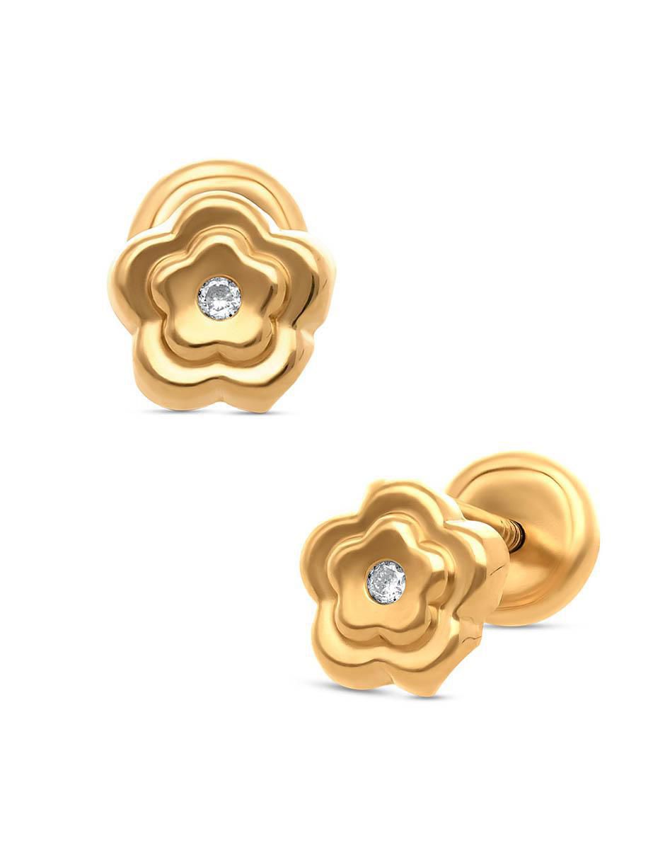 Broqueles de flor de oro amarillo 14 K con acabado brillante diamante 2