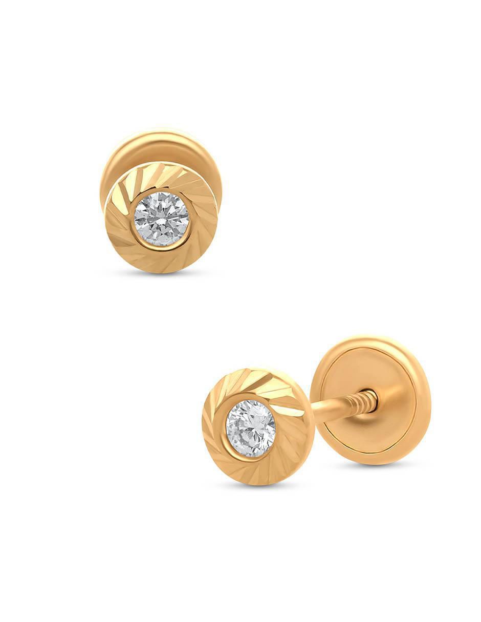 Broqueles redondos de oro amarillo 14 K con acabado brillante diamante 2