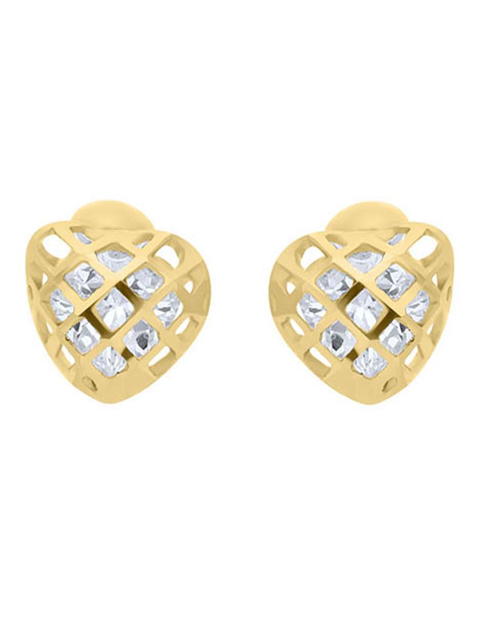Broqueles de corazón de oro amarillo 14 k con acabado brillante zirconia