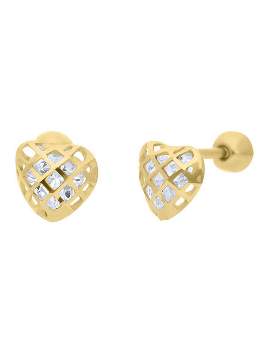 Broqueles de corazón de oro amarillo 14 k con acabado brillante zirconia 2