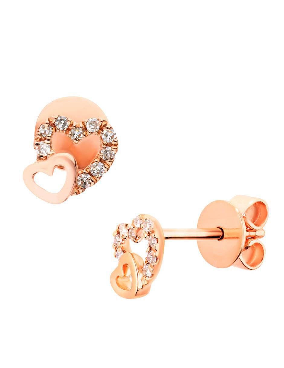 Broqueles de corazón de oro rosa 14 K con acabado brillante diamante 2