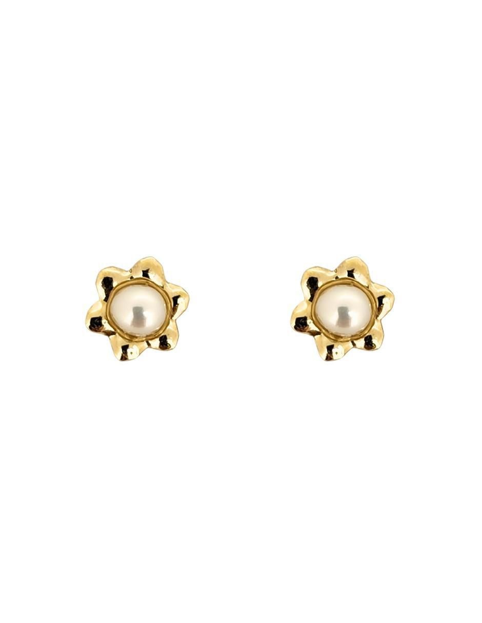 Broqueles de flor de oro amarillo 10 k con acabado pulido perla