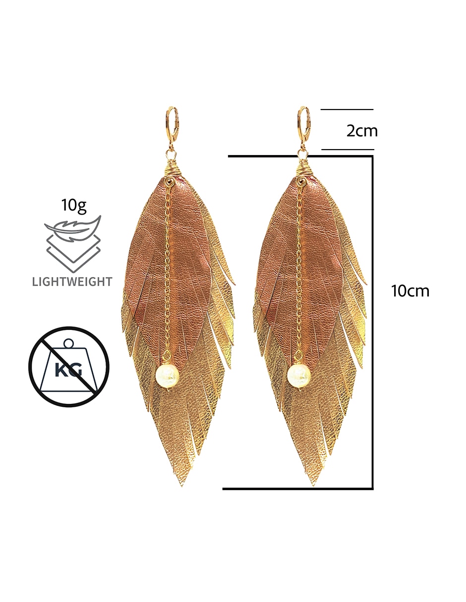 Aretes largos de pluma de baño oro 18 k con acabado baño de oro perla 8