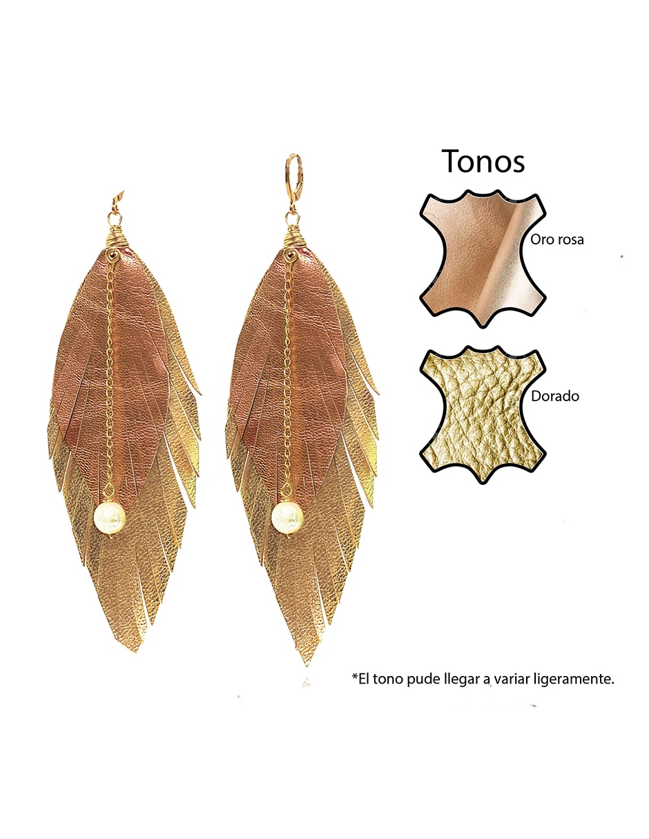 Aretes largos de pluma de baño oro 18 k con acabado baño de oro perla 3