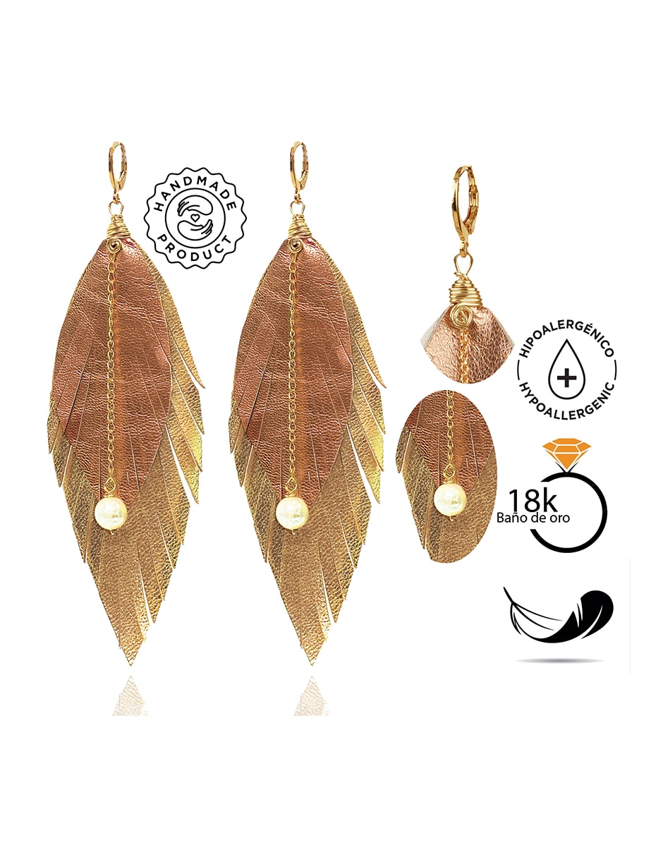 Aretes largos de pluma de baño oro 18 k con acabado baño de oro perla 4