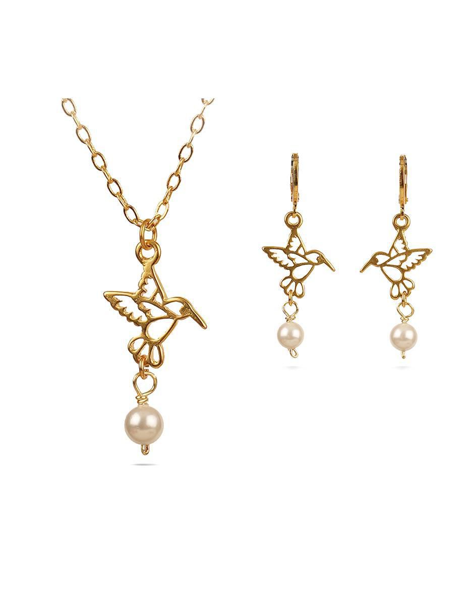 Aretes y collar de colibrí con baño de oro 18 k perla