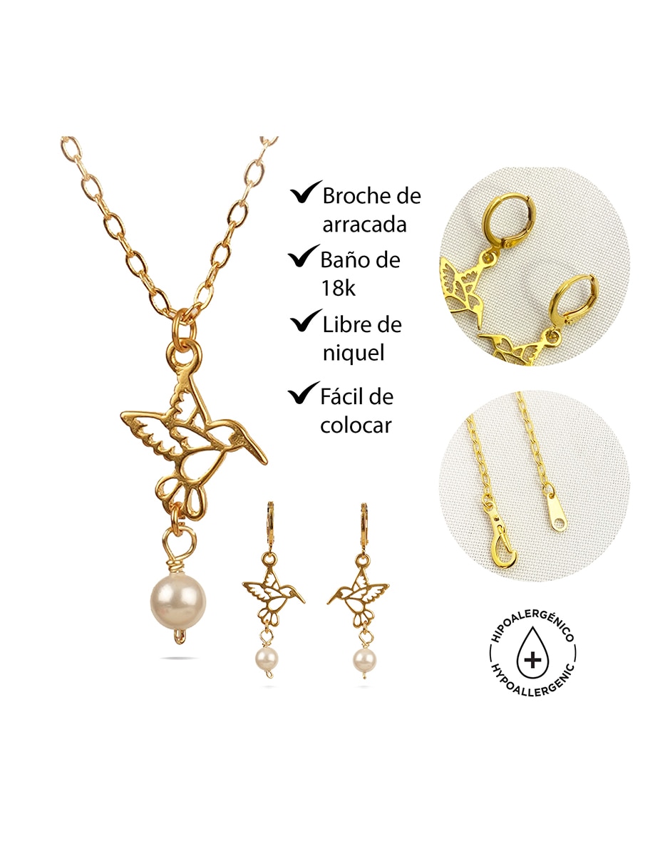 Aretes y collar de colibrí con baño de oro 18 k perla 3
