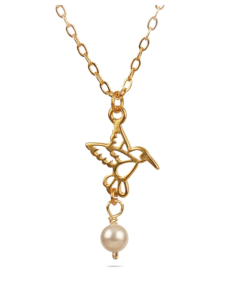 Aretes y collar de colibrí con baño de oro 18 k perla 7