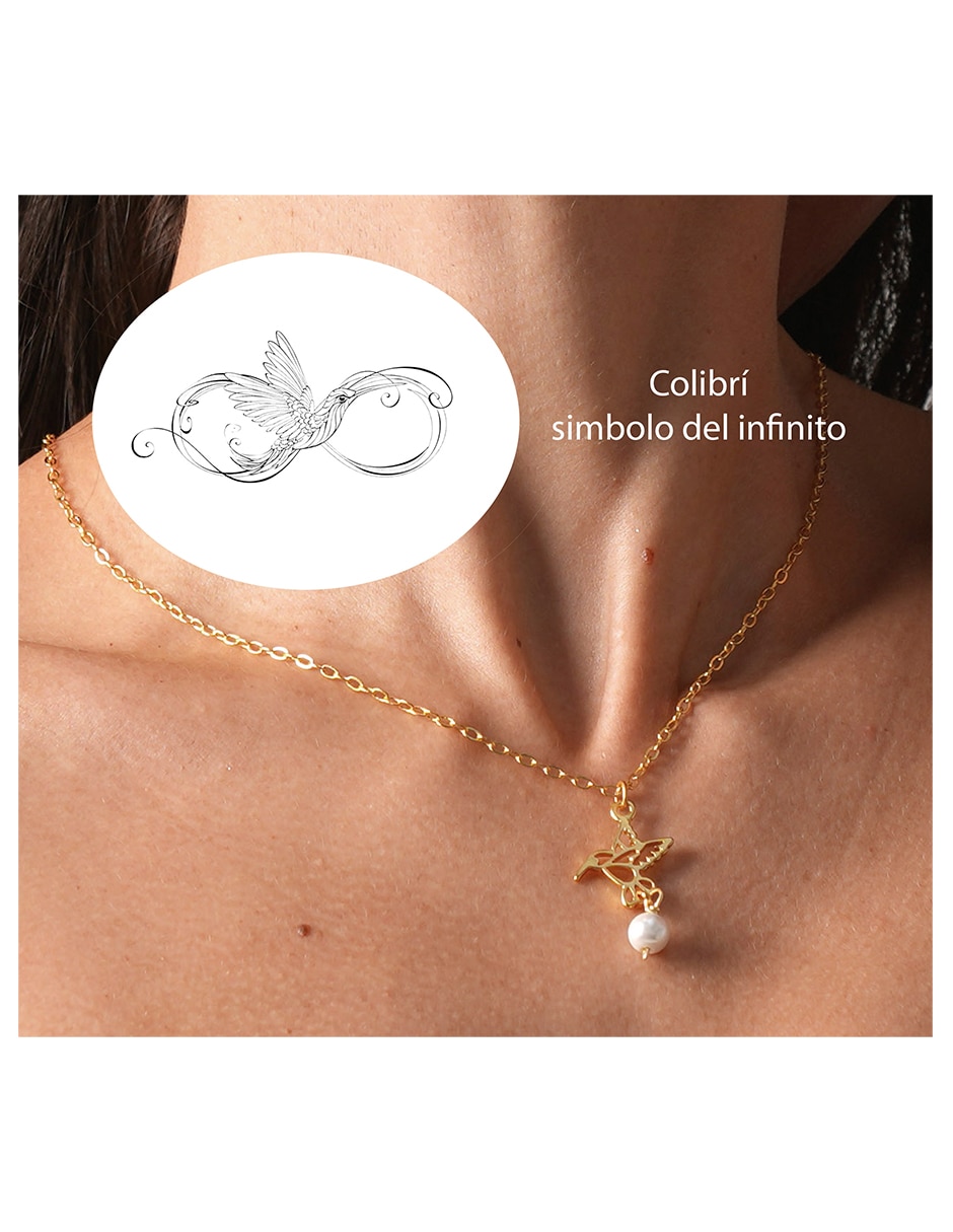 Aretes y collar de colibrí con baño de oro 18 k perla 8