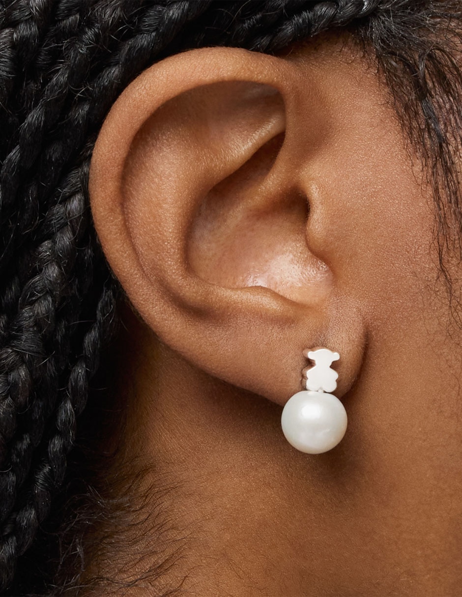Aretes corto de oso Sweet Dolls de plata con acabado brillante perla 6