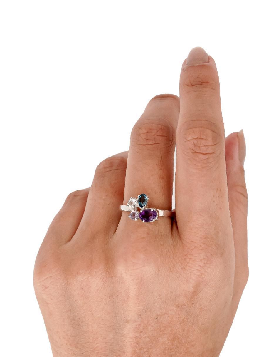 Anillo Destellos de la Tierra P 925 de plata amatista y cuarzo brillante 4