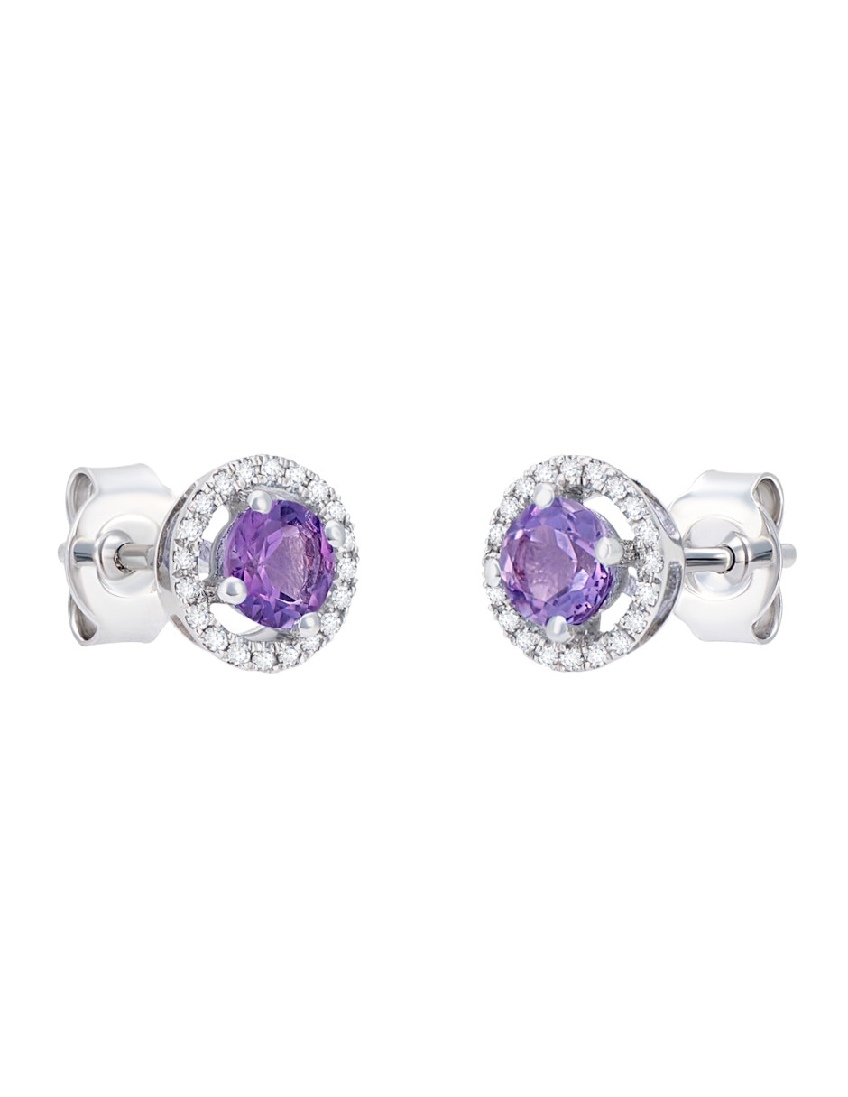 Broqueles de oro blanco 14 K diamante y amatista Broqueles de oro blanco 14 K diamante y amatista