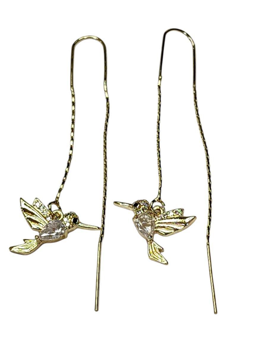 Aretes largos de colibrí Aves 14 k con acabado baño de oro zirconia Aretes largos de colibrí Aves 14 k con acabado baño de oro zirconia