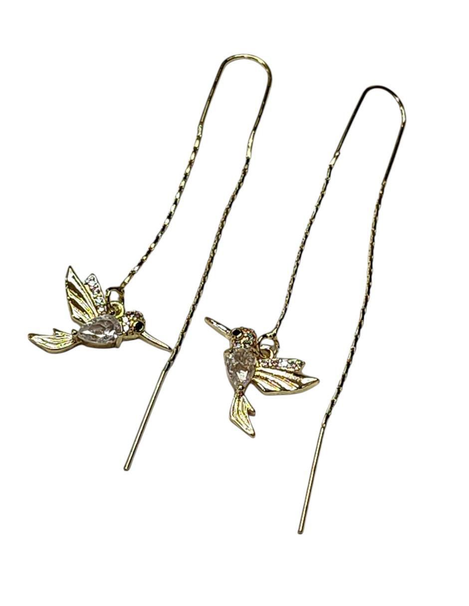 Aretes largos de colibrí Aves 14 k con acabado baño de oro zirconia 2