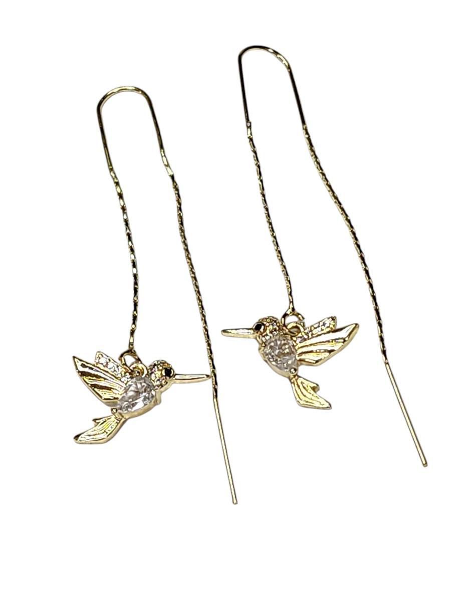 Aretes largos de colibrí Aves 14 k con acabado baño de oro zirconia 3