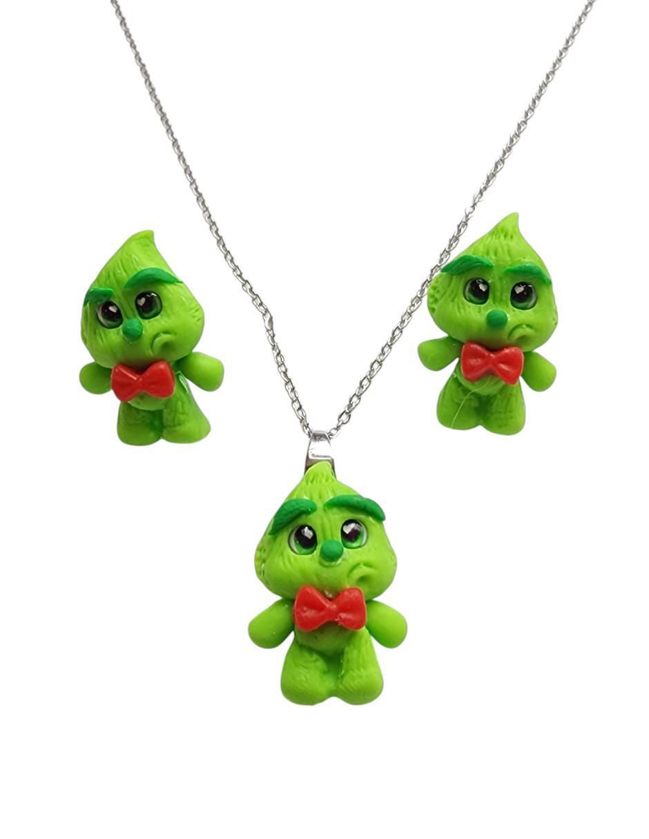 Aretes y collar Grinch Navidad de plata P925 Aretes y collar Grinch Navidad de plata P925