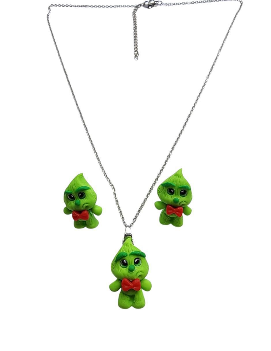 Aretes y collar Grinch Navidad de plata P925 3