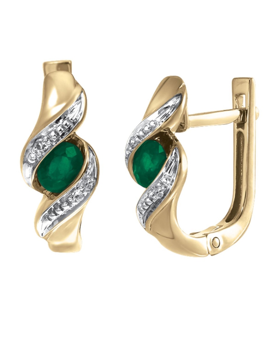 Aretes huggies de oro amarillo 14 k con acabado pulido esmeralda y diamante 2