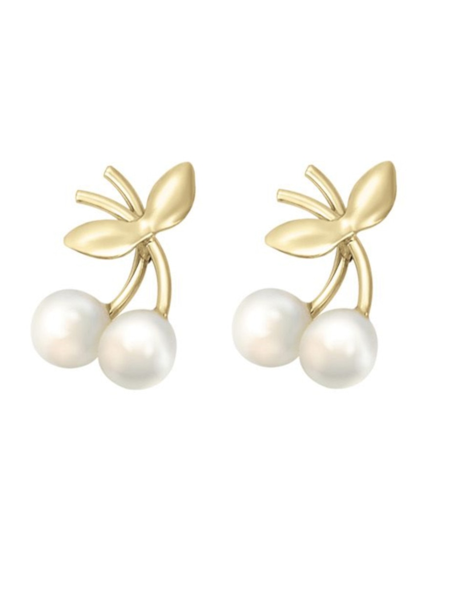 Broqueles de cereza de oro amarillo 14 k con acabado pulido perla Broqueles de cereza de oro amarillo 14 k con acabado pulido perla