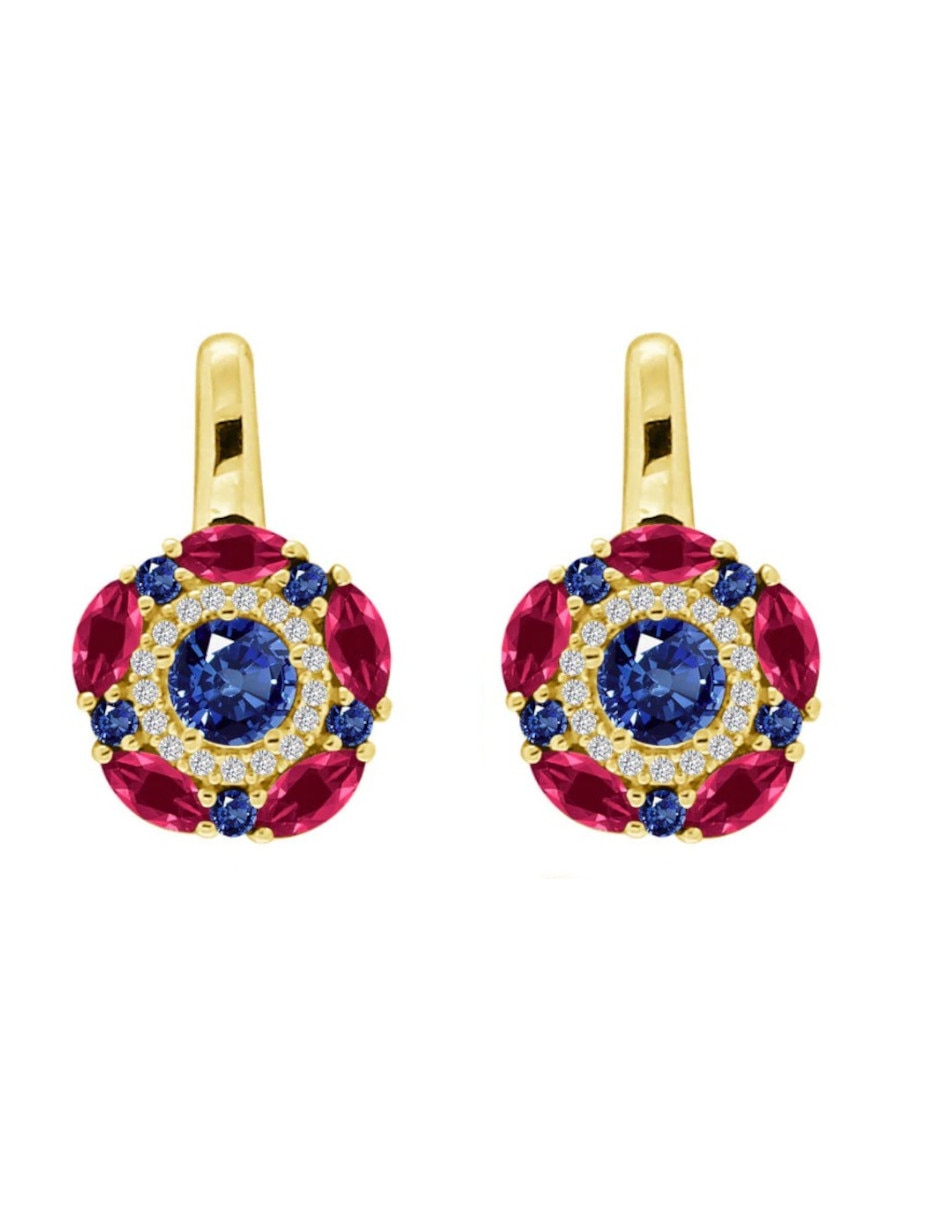 Aretes huggies de flor de oro amarillo 14 k con acabado pulido rubí y zafiro Aretes huggies de flor de oro amarillo 14 k con acabado pulido rubí y zafiro