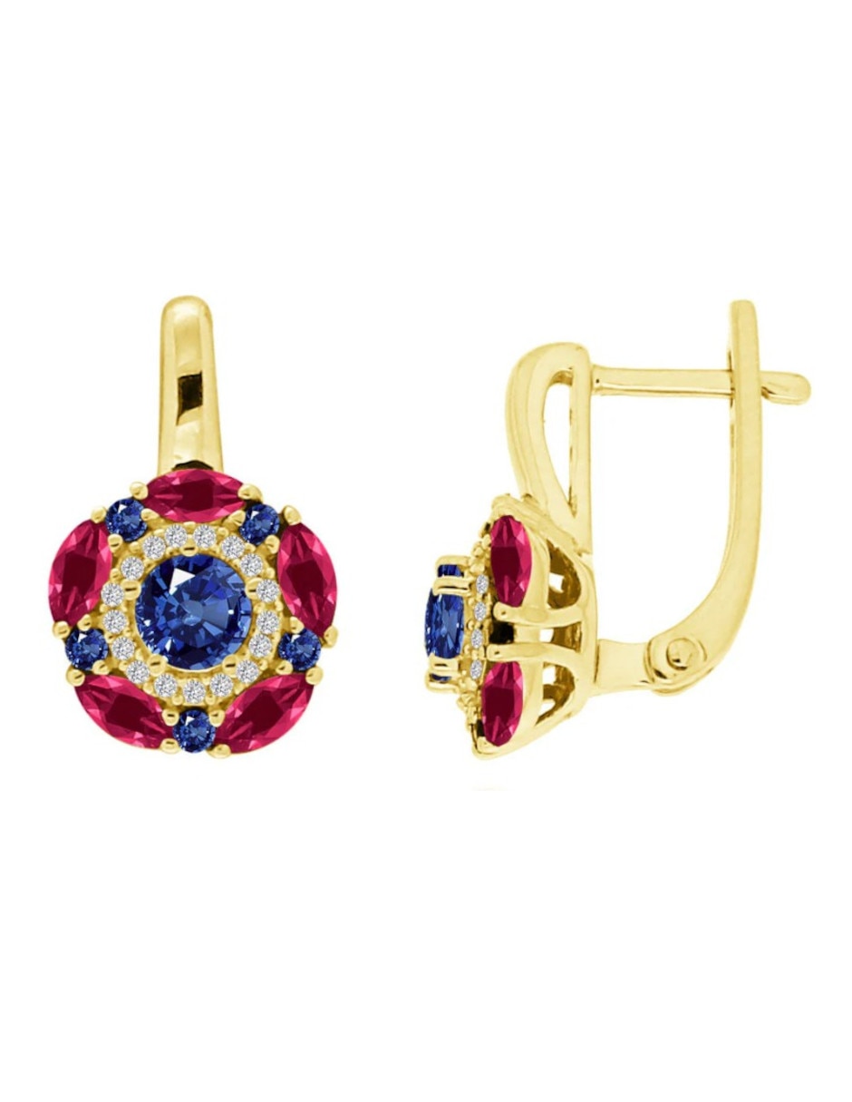 Aretes huggies de flor de oro amarillo 14 k con acabado pulido rubí y zafiro 2