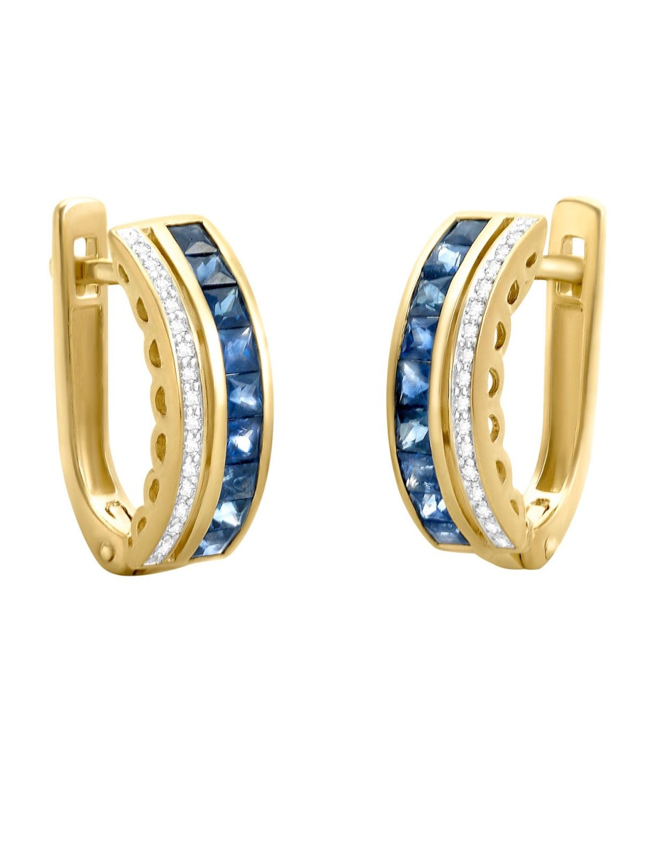 Aretes huggies de rectangular de oro amarillo 14 k con acabado pulido zafiro y diamante Aretes huggies de rectangular de oro amarillo 14 k con acabado pulido zafiro y diamante