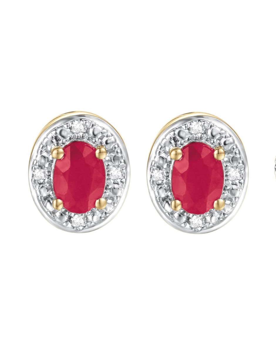 Broqueles ovalados de oro amarillo 14 k con acabado pulido rubí y diamante Broqueles ovalados de oro amarillo 14 k con acabado pulido rubí y diamante