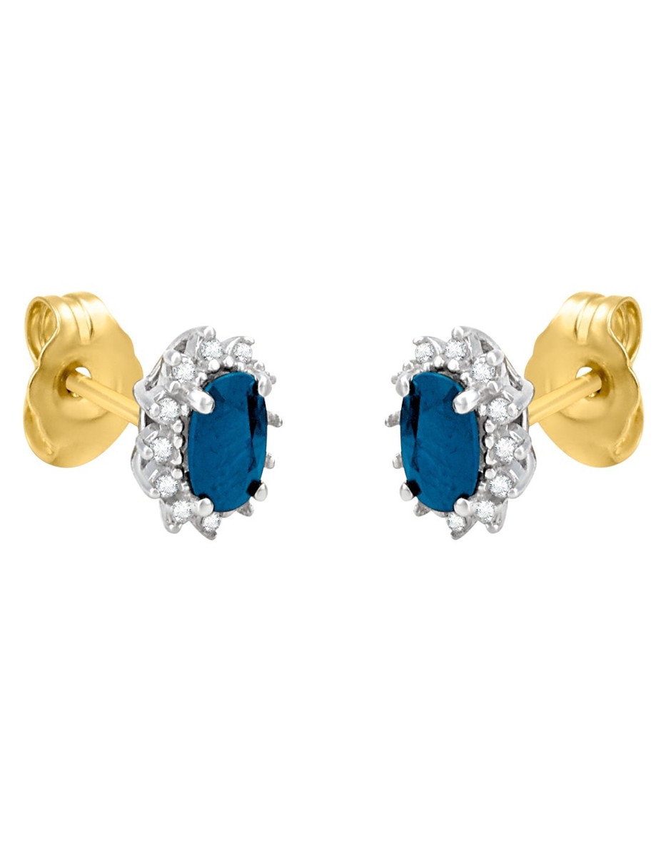 Broqueles ovalados de oro 14 k con acabado pulido zafiro y diamante Broqueles ovalados de oro 14 k con acabado pulido zafiro y diamante