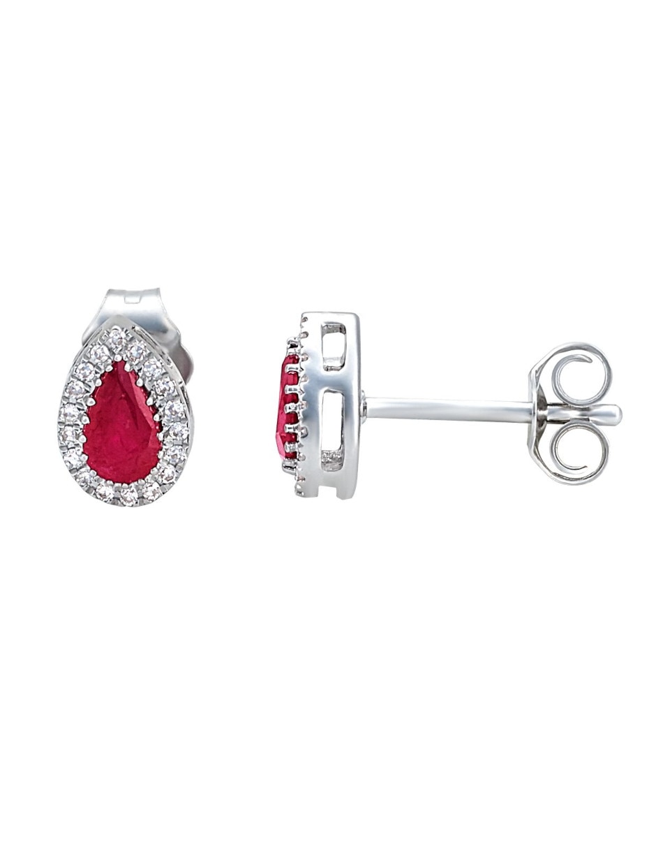 Broqueles de gota de oro blanco 14 K con acabado pulido rubí y diamante 2