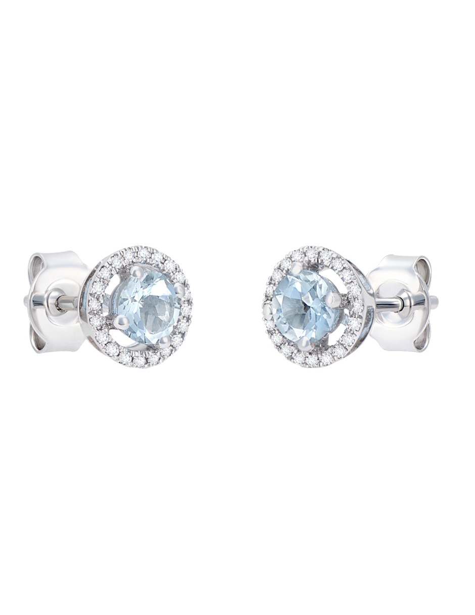 Broqueles redondos de oro blanco 14 K diamante y aguamarina Broqueles redondos de oro blanco 14 K diamante y aguamarina