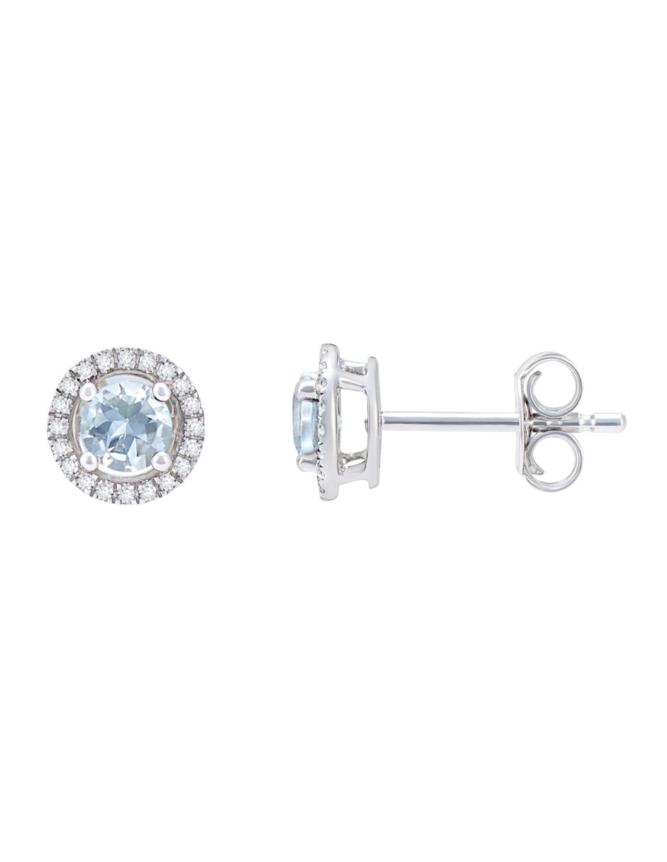 Broqueles redondos de oro blanco 14 K diamante y aguamarina 2