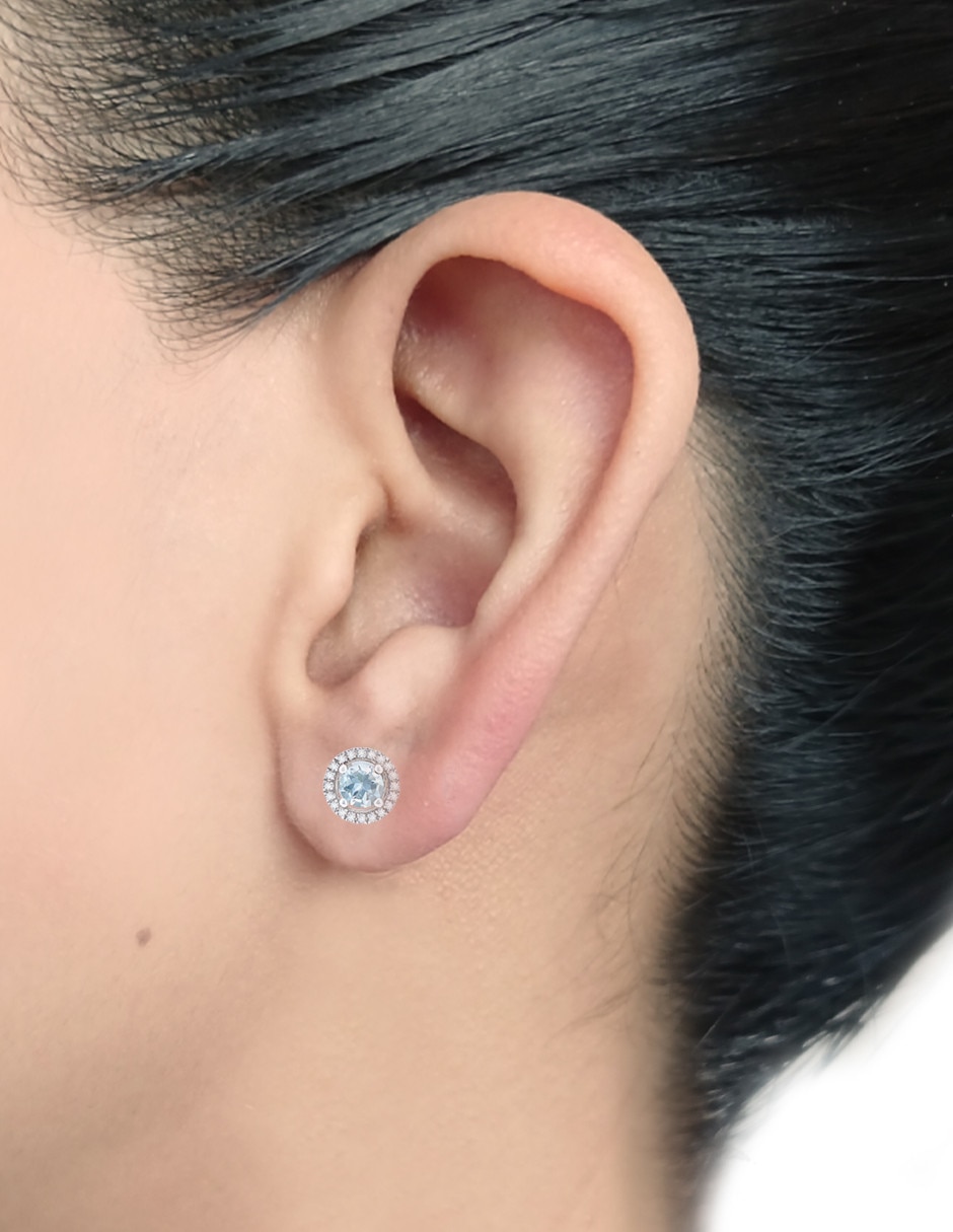 Broqueles redondos de oro blanco 14 K diamante y aguamarina 3