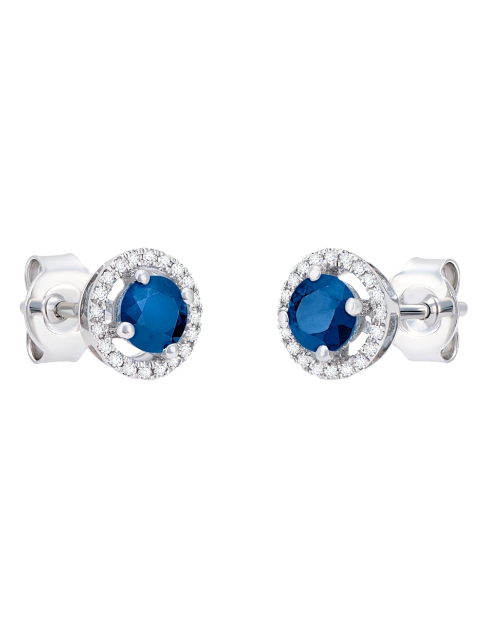 Broqueles redondos de oro blanco 14 K zafiro y diamante Broqueles redondos de oro blanco 14 K zafiro y diamante