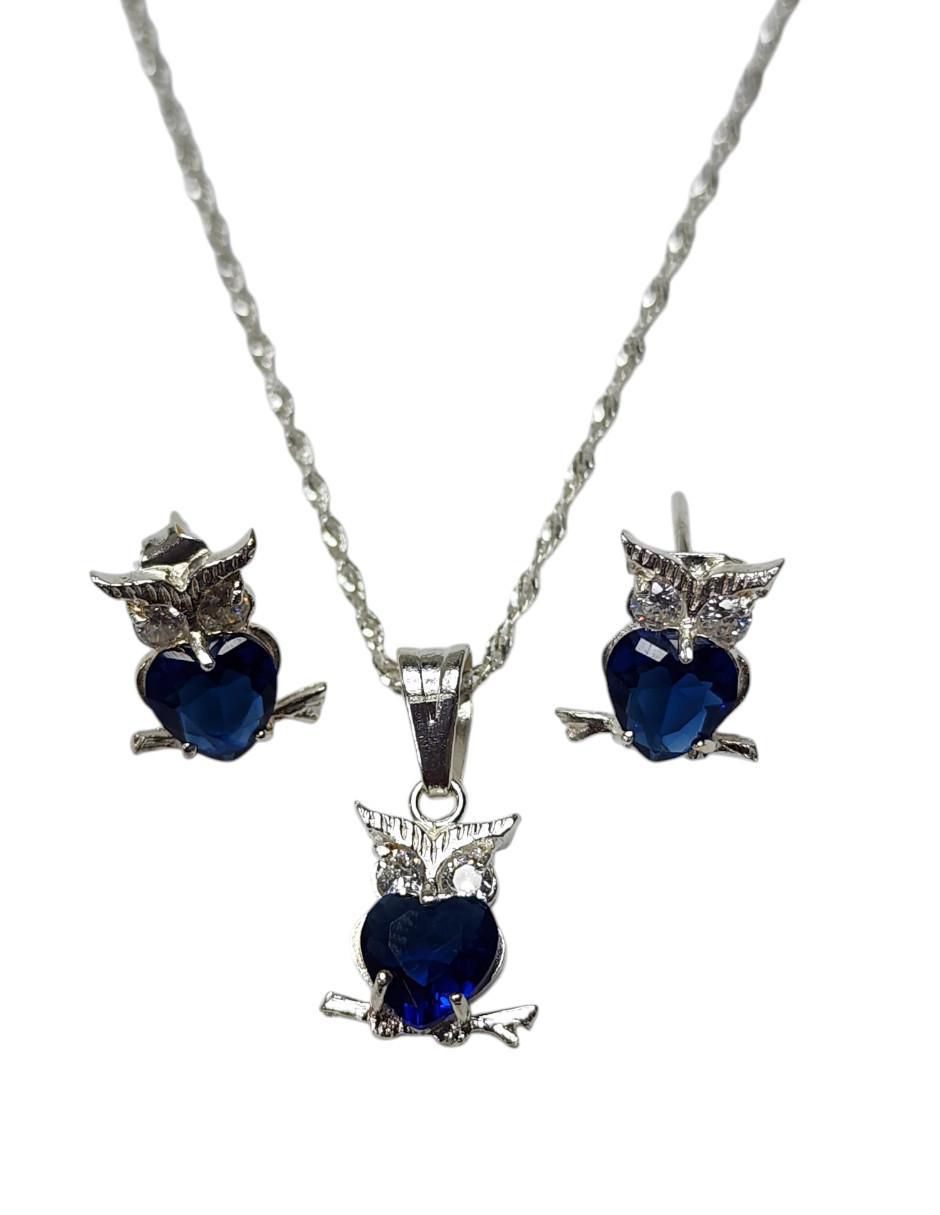 Aretes y collar de búho Ave Nocturna de plata P 925 zirconia