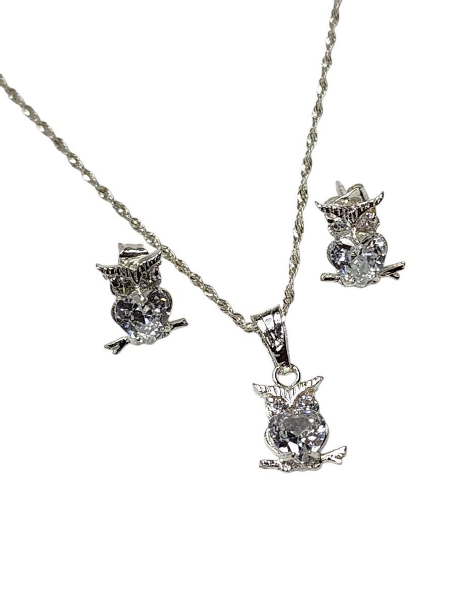 Aretes y collar de búho Ave Nocturna de plata P 925 zirconia 2