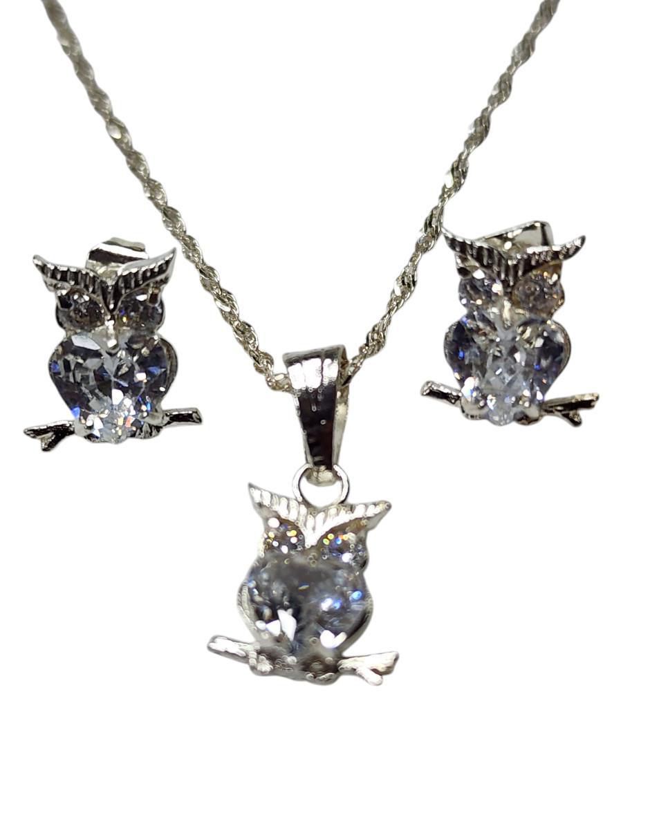 Aretes y collar de búho Ave Nocturna de plata P 925 zirconia 5