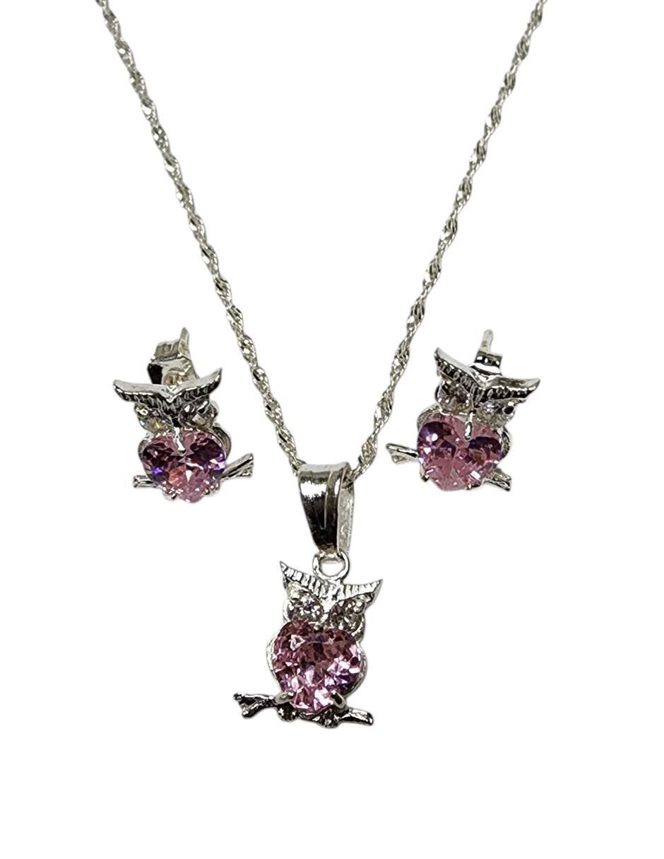 Aretes y collar de búho Ave Nocturna de plata P 925 zirconia