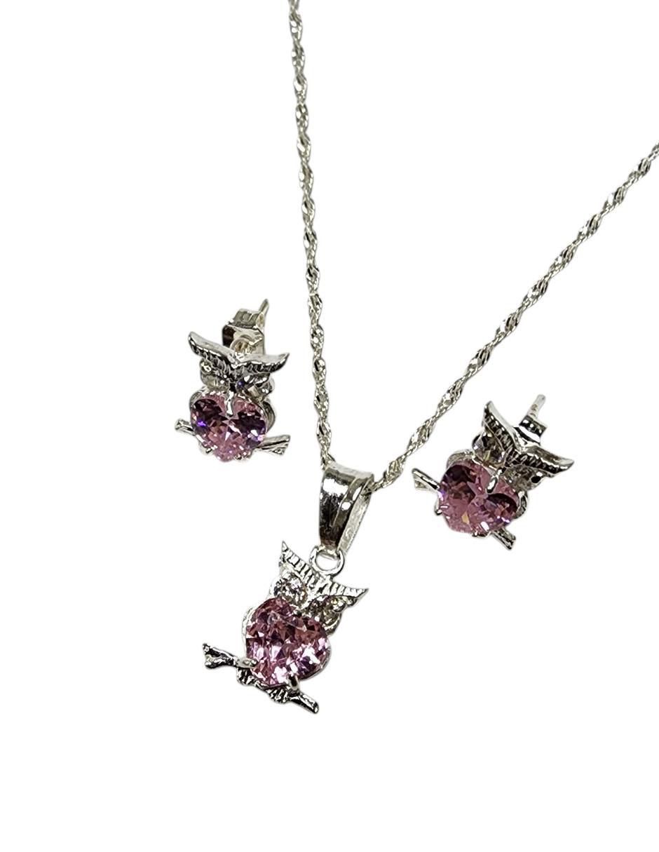 Aretes y collar de búho Ave Nocturna de plata P 925 zirconia 2