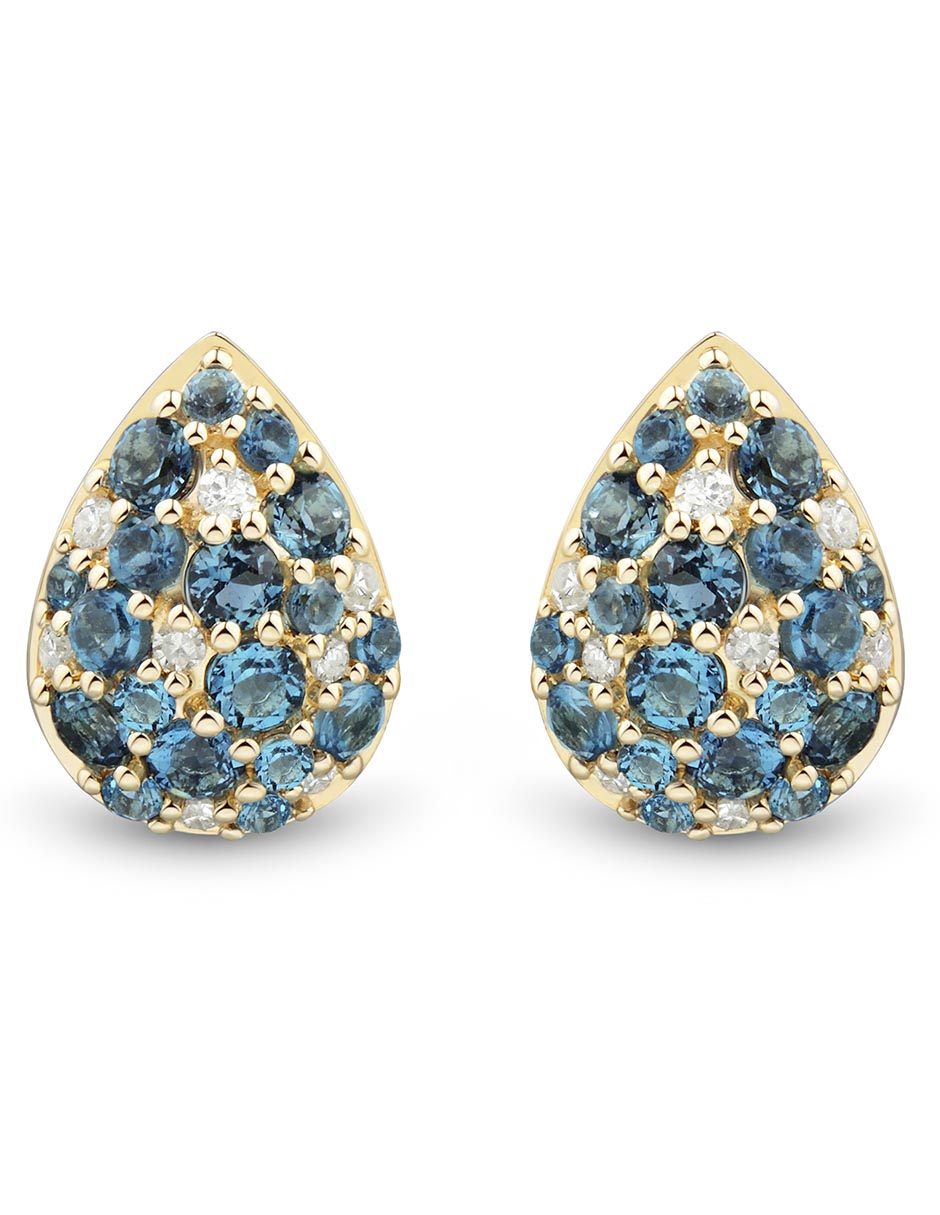 Aretes cortos de gota de oro 14 K con acabado pavé topacio azul de Londres Aretes cortos de gota de oro 14 K con acabado pavé topacio azul de Londres