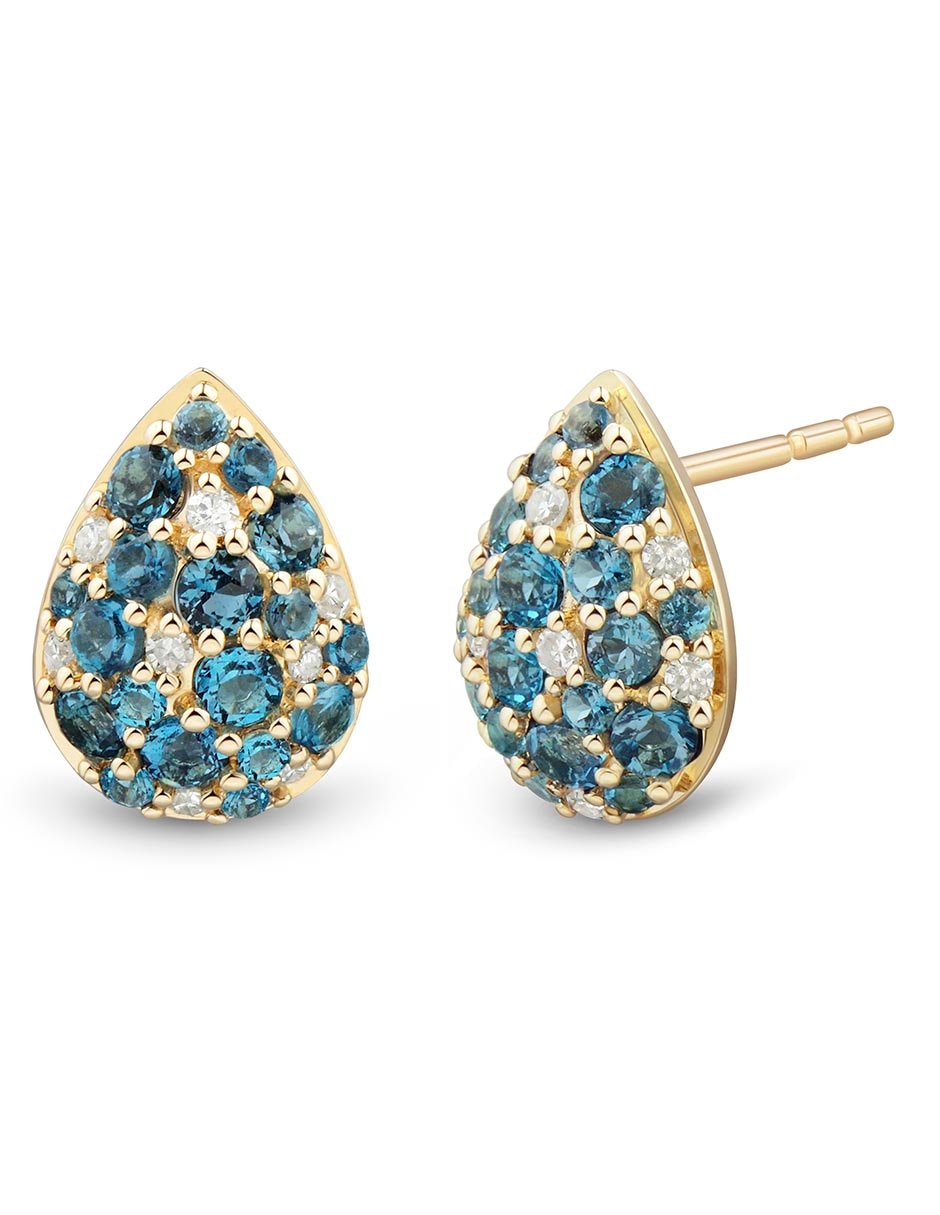 Aretes cortos de gota de oro 14 K con acabado pavé topacio azul de Londres 2