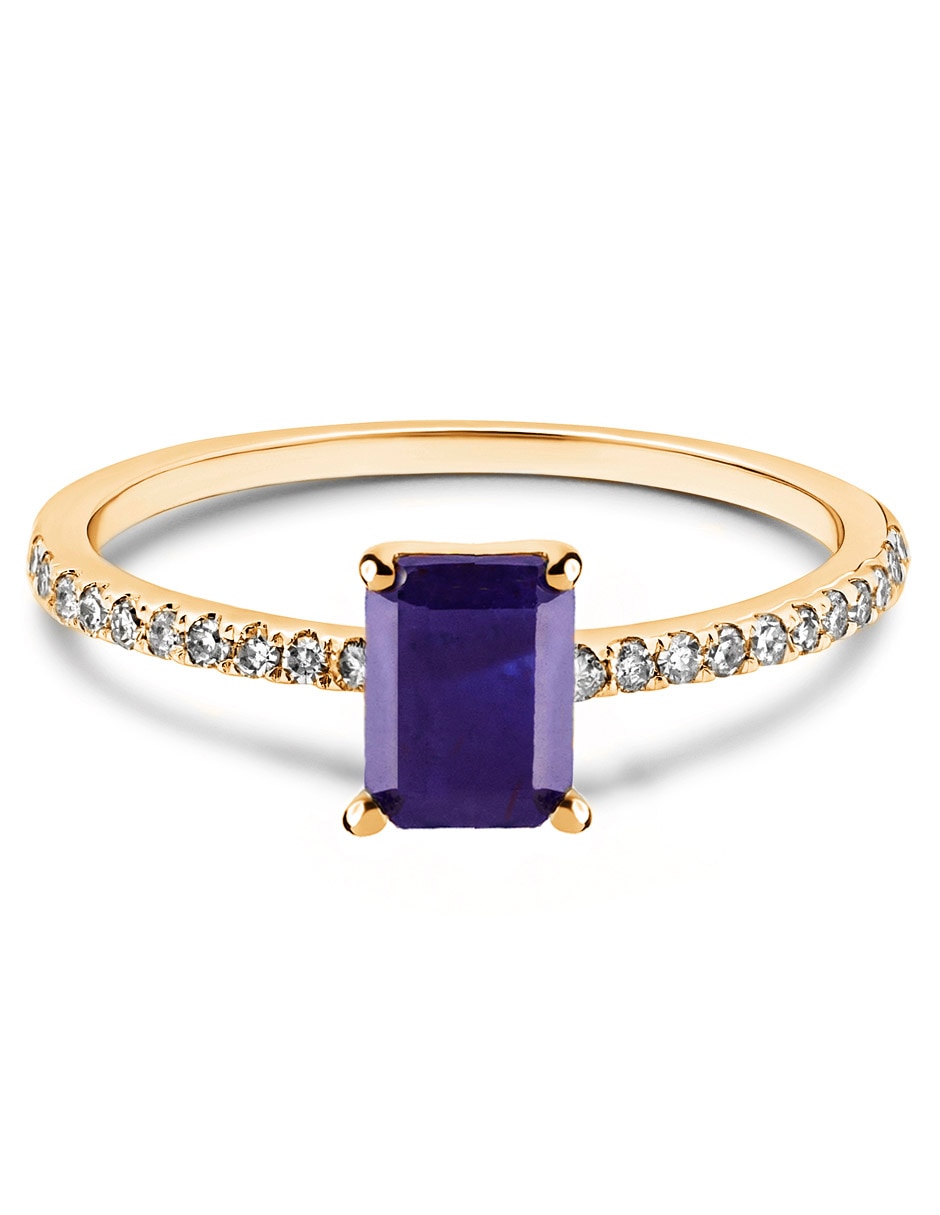 Anillo rectangular 14 k de oro zafiro pavé