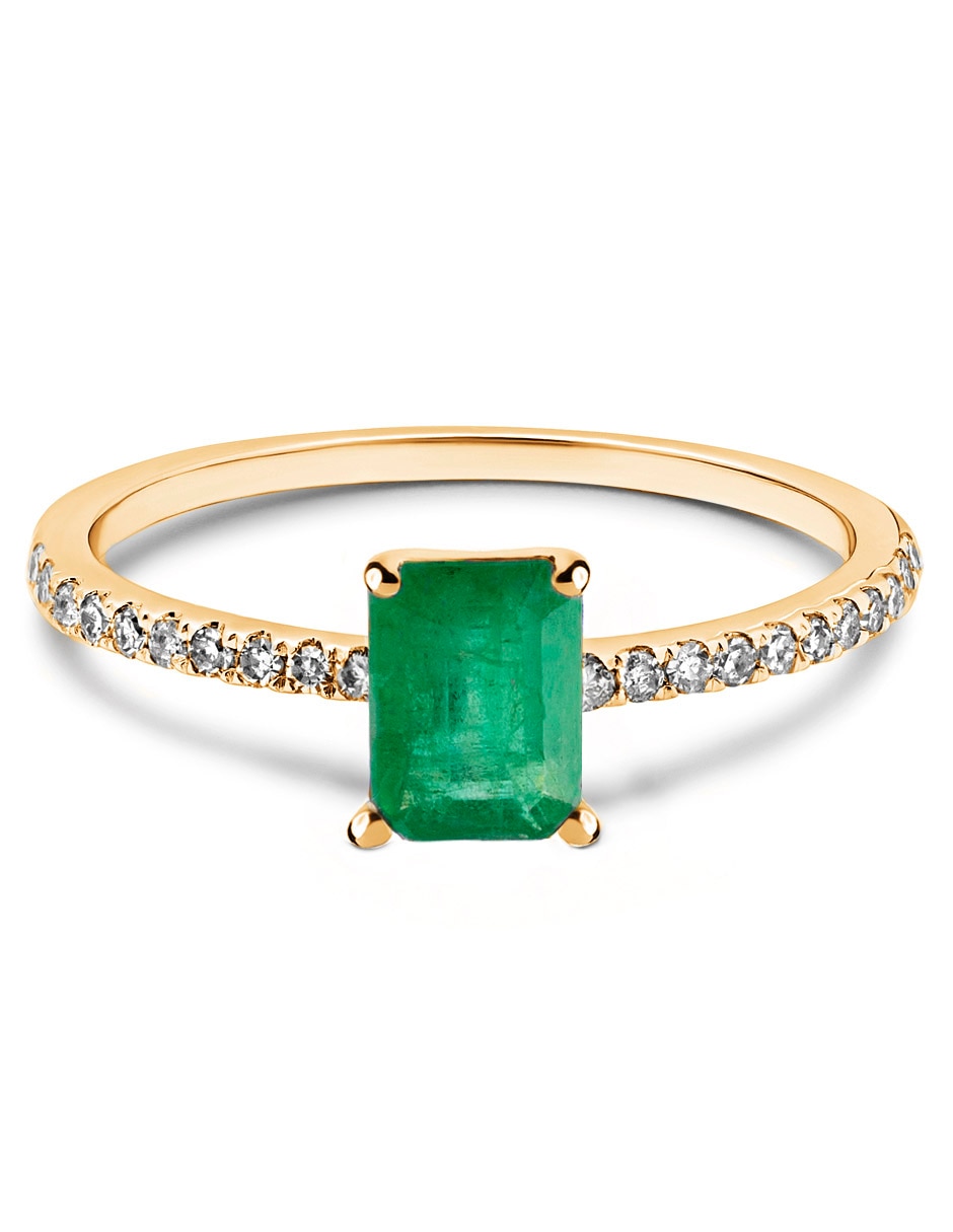 Anillo rectangular 14 k de oro amarillo esmeralda pavé