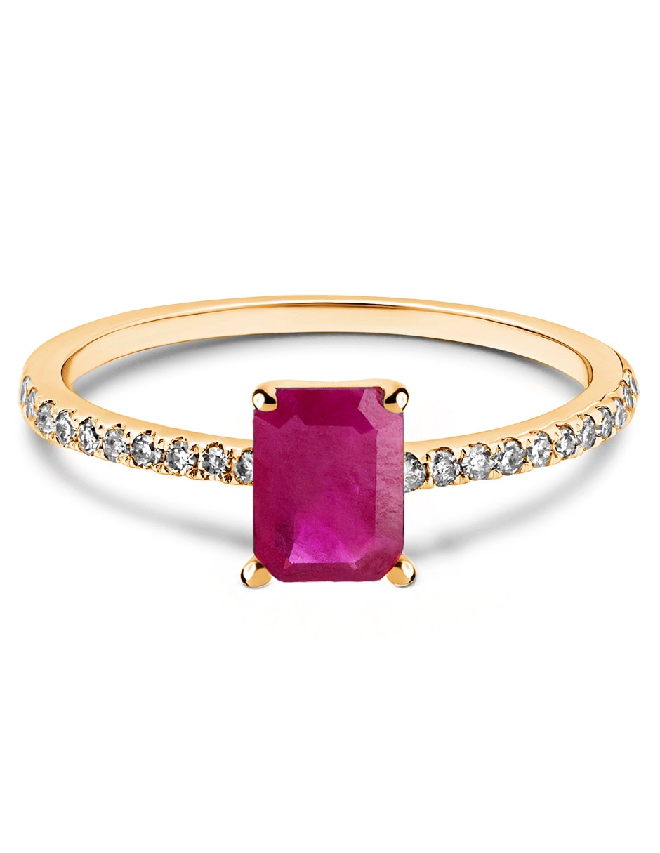 Anillo 14 k de oro amarillo rubí brillante