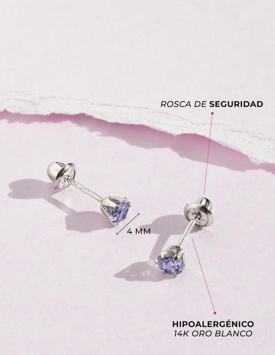 Broqueles redondos de oro blanco 14 k con acabado pulido zirconia 4