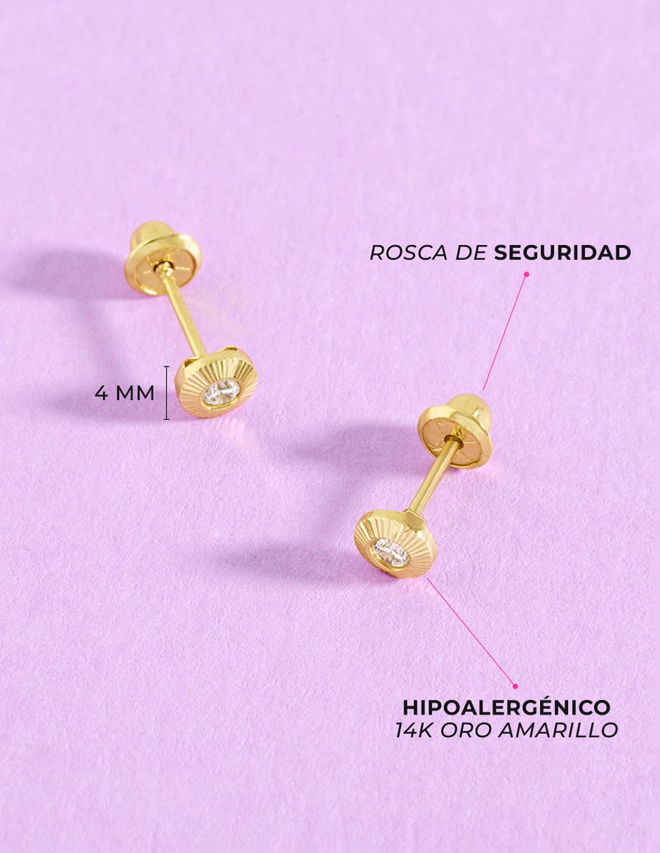 Broqueles redondos de oro 14 k con acabado pulido zirconia 4