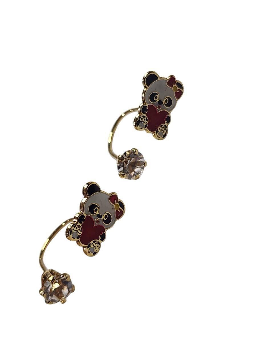 Aretes cortos de oso panda Ternura 14 k con acabado chapa de oro zirconia 3