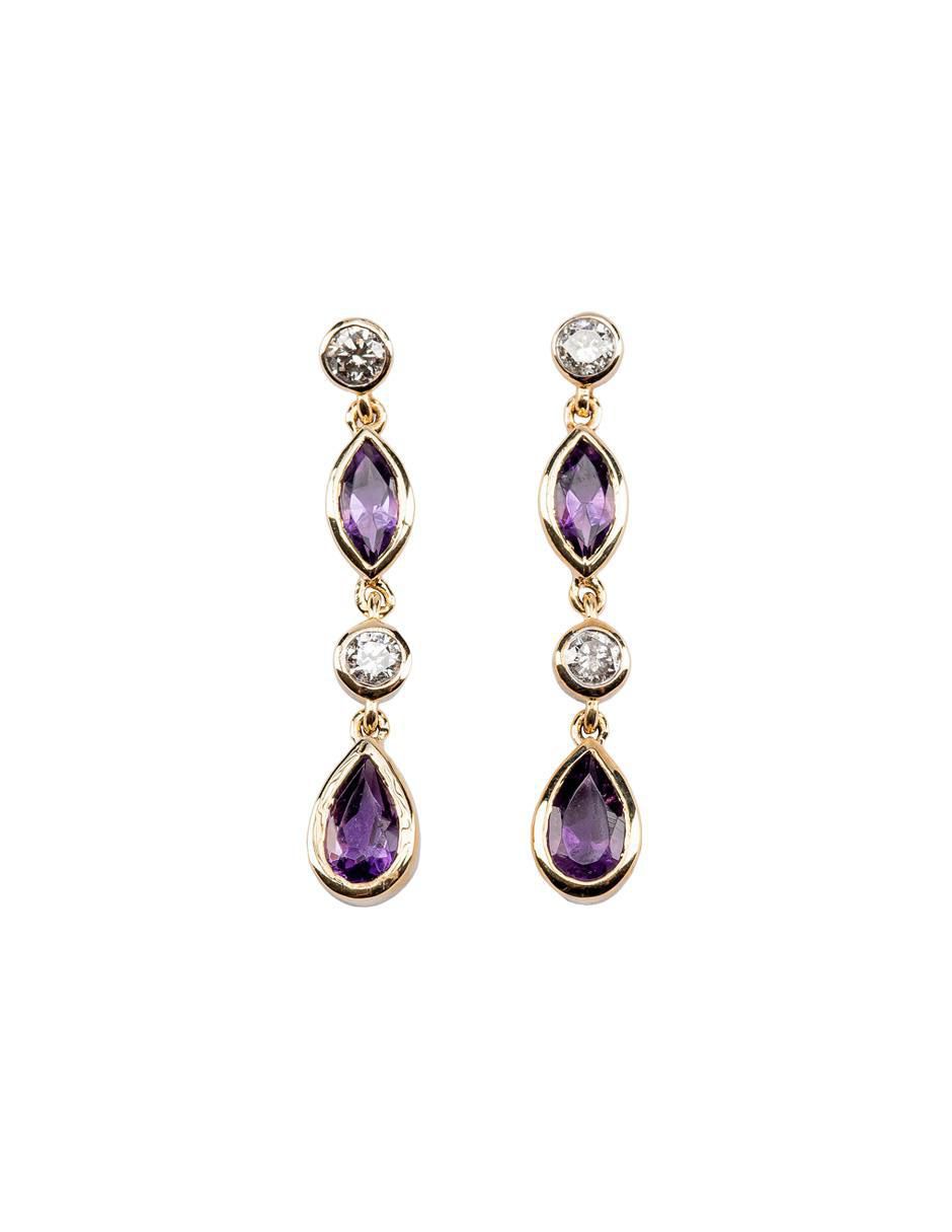 Aretes largos de gota de oro 14 K con acabado Texturizado Amatista y diamante Aretes largos de gota de oro 14 K con acabado Texturizado Amatista y diamante